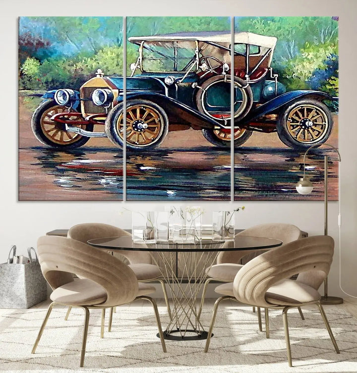 The "Wall Art Oil Paintings Old Retro Auto Car Canvas Print" features a triptych design showcasing a vintage car with a white roof on museum-quality canvas and UV-protective coating. It embodies an elegant yet timeless charm.