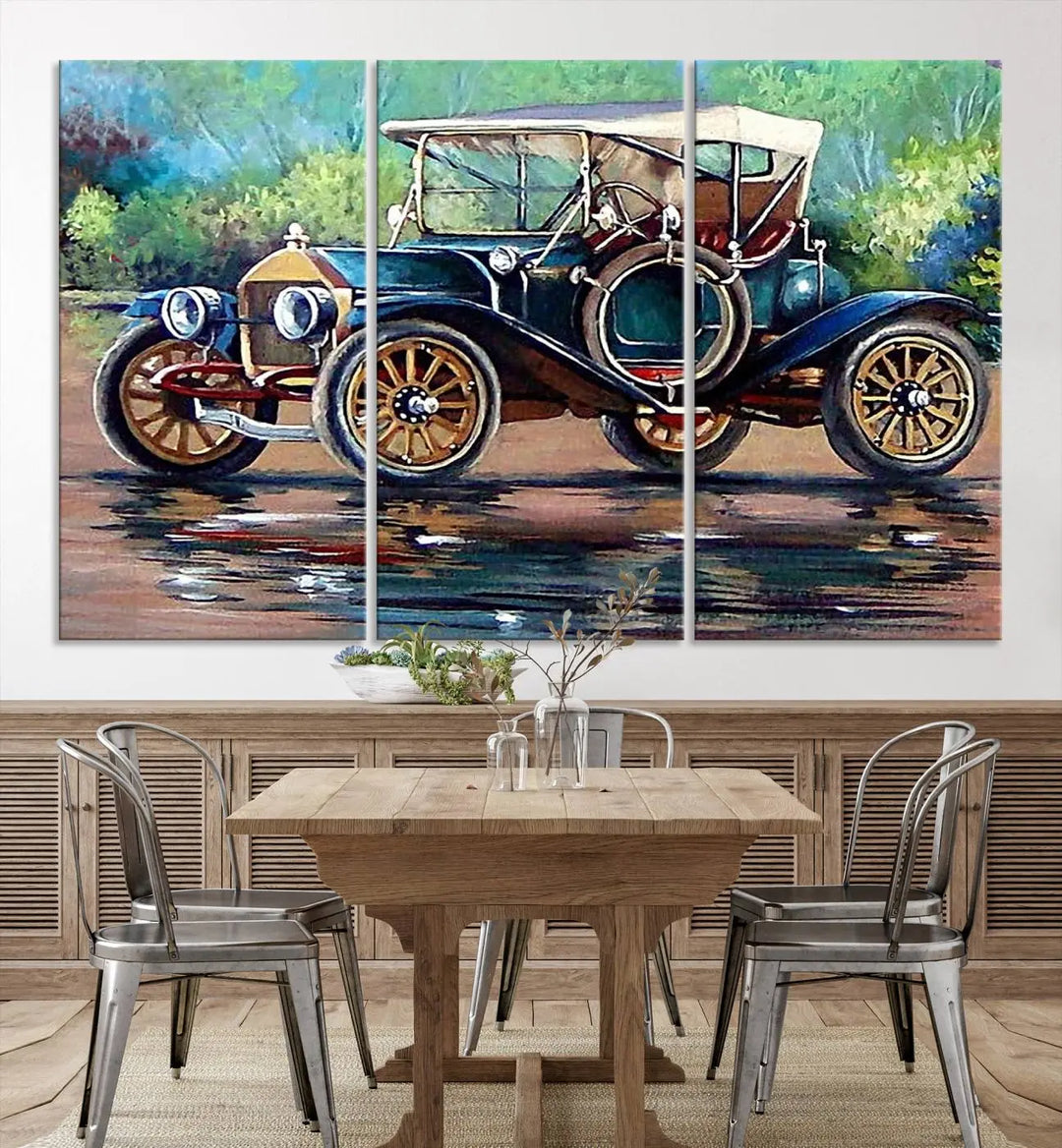 The "Wall Art Oil Paintings Old Retro Auto Car Canvas Print" features a triptych design showcasing a vintage car with a white roof on museum-quality canvas and UV-protective coating. It embodies an elegant yet timeless charm.