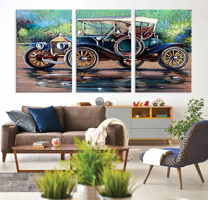 The "Wall Art Oil Paintings Old Retro Auto Car Canvas Print" features a triptych design showcasing a vintage car with a white roof on museum-quality canvas and UV-protective coating. It embodies an elegant yet timeless charm.