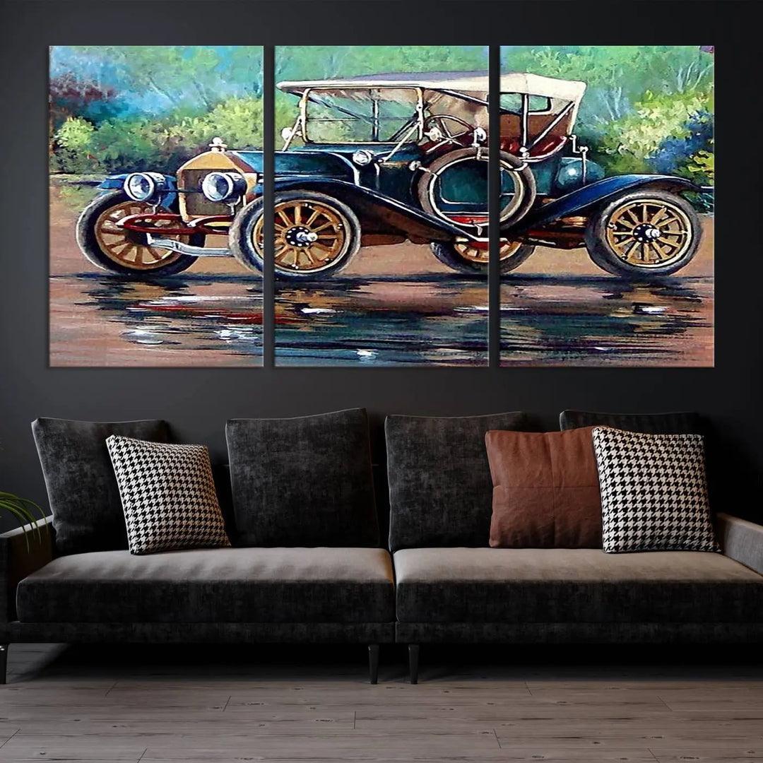 The "Wall Art Oil Paintings Old Retro Auto Car Canvas Print" features a triptych design showcasing a vintage car with a white roof on museum-quality canvas and UV-protective coating. It embodies an elegant yet timeless charm.