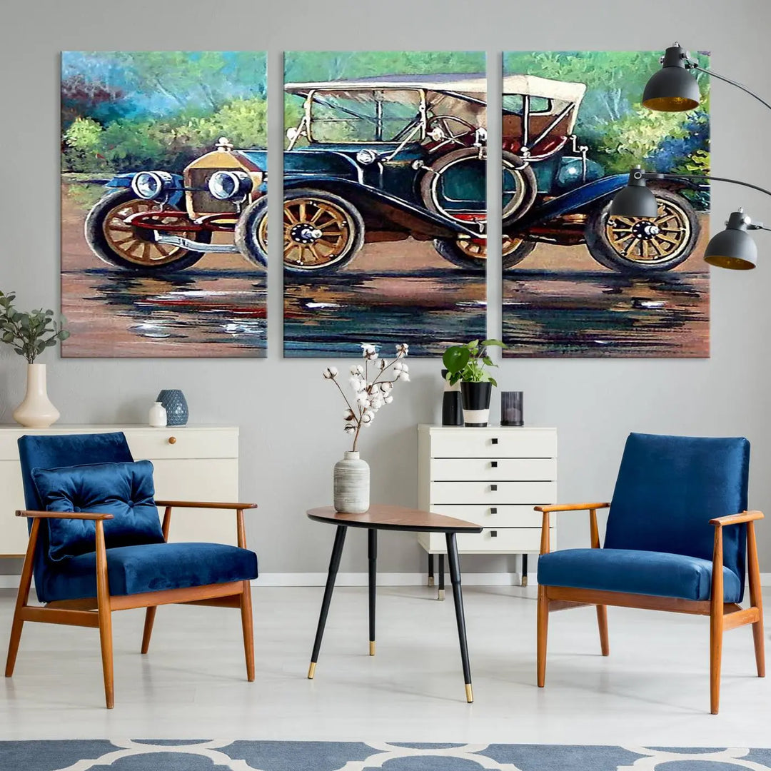 The "Wall Art Oil Paintings Old Retro Auto Car Canvas Print" features a triptych design showcasing a vintage car with a white roof on museum-quality canvas and UV-protective coating. It embodies an elegant yet timeless charm.