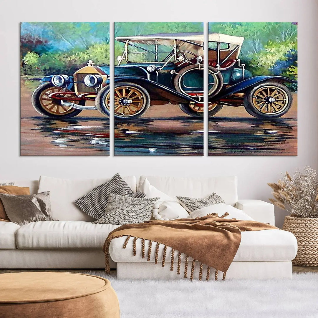 The "Wall Art Oil Paintings Old Retro Auto Car Canvas Print" features a triptych design showcasing a vintage car with a white roof on museum-quality canvas and UV-protective coating. It embodies an elegant yet timeless charm.