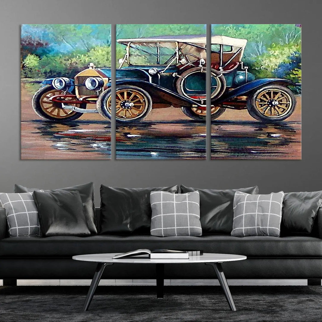 The "Wall Art Oil Paintings Old Retro Auto Car Canvas Print" features a triptych design showcasing a vintage car with a white roof on museum-quality canvas and UV-protective coating. It embodies an elegant yet timeless charm.