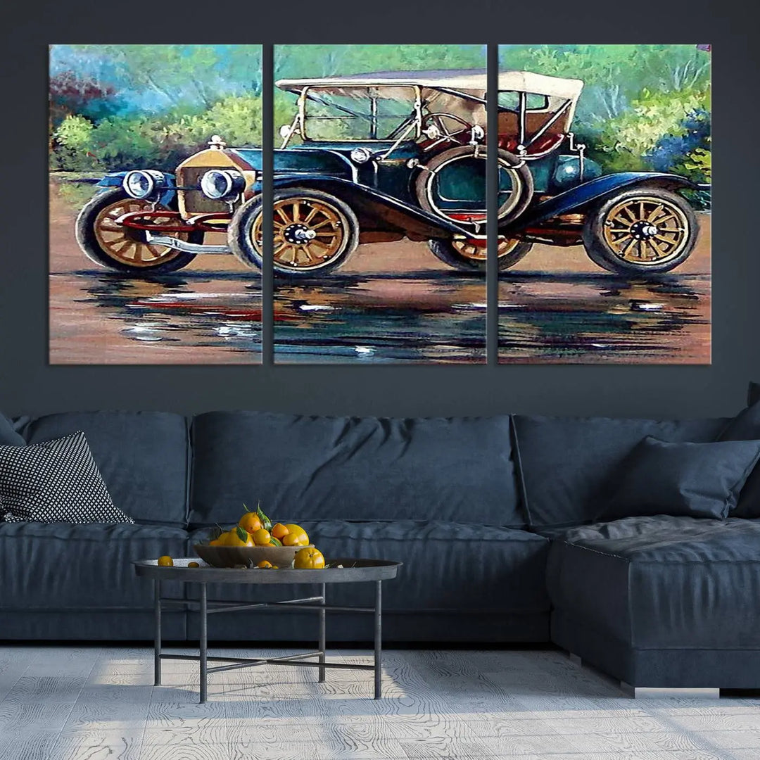 The "Wall Art Oil Paintings Old Retro Auto Car Canvas Print" features a triptych design showcasing a vintage car with a white roof on museum-quality canvas and UV-protective coating. It embodies an elegant yet timeless charm.