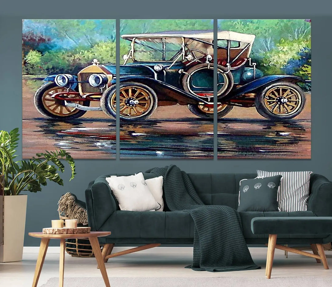 The "Wall Art Oil Paintings Old Retro Auto Car Canvas Print" features a triptych design showcasing a vintage car with a white roof on museum-quality canvas and UV-protective coating. It embodies an elegant yet timeless charm.