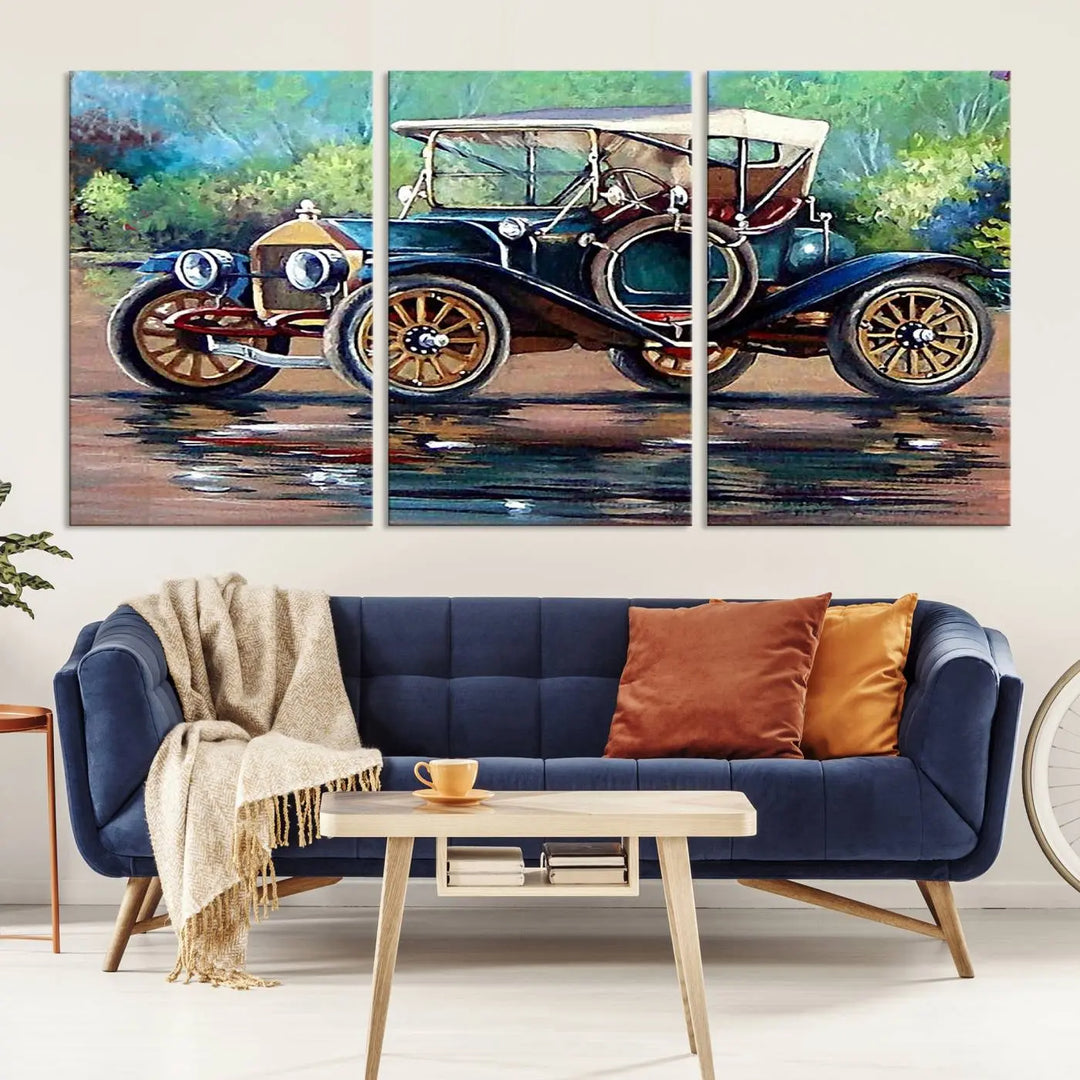 The "Wall Art Oil Paintings Old Retro Auto Car Canvas Print" features a triptych design showcasing a vintage car with a white roof on museum-quality canvas and UV-protective coating. It embodies an elegant yet timeless charm.