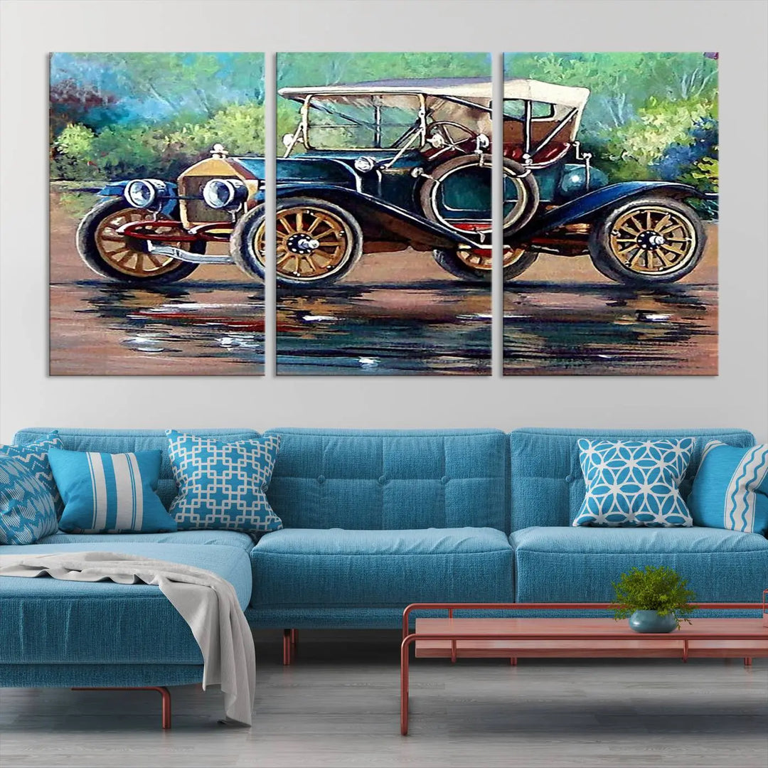 The "Wall Art Oil Paintings Old Retro Auto Car Canvas Print" features a triptych design showcasing a vintage car with a white roof on museum-quality canvas and UV-protective coating. It embodies an elegant yet timeless charm.