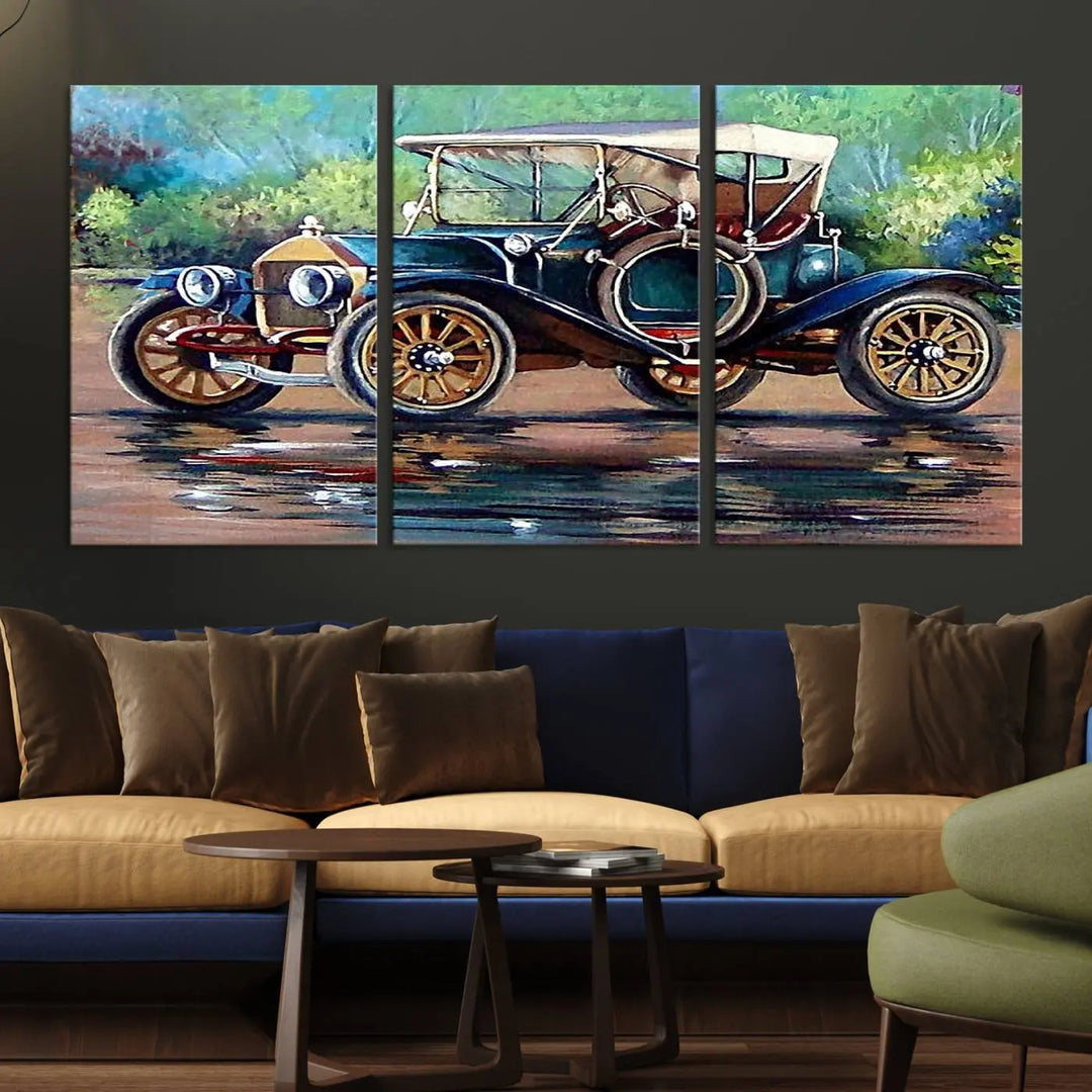 The "Wall Art Oil Paintings Old Retro Auto Car Canvas Print" features a triptych design showcasing a vintage car with a white roof on museum-quality canvas and UV-protective coating. It embodies an elegant yet timeless charm.