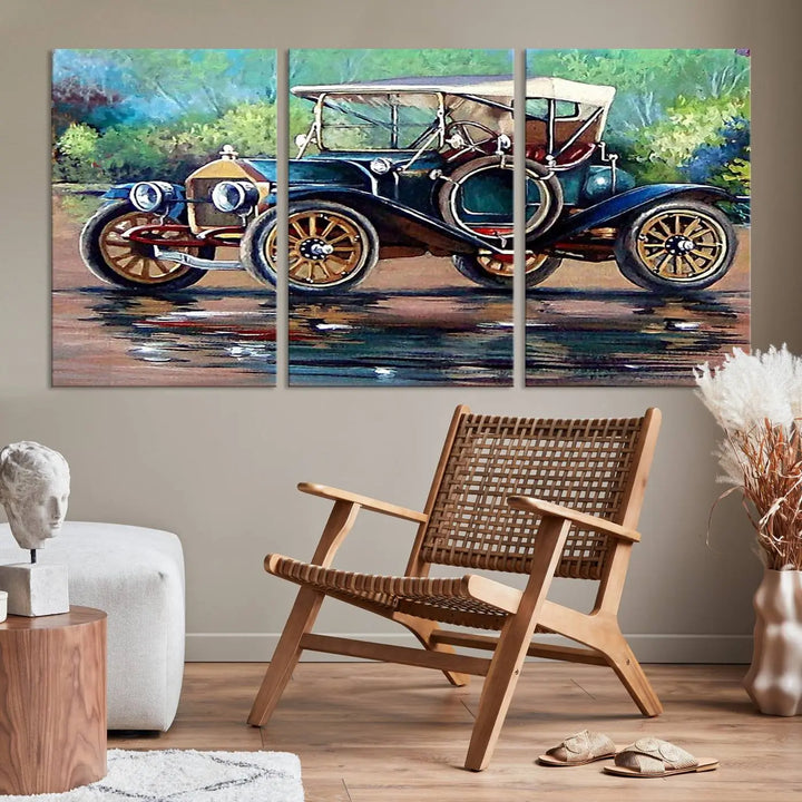 The "Wall Art Oil Paintings Old Retro Auto Car Canvas Print" features a triptych design showcasing a vintage car with a white roof on museum-quality canvas and UV-protective coating. It embodies an elegant yet timeless charm.