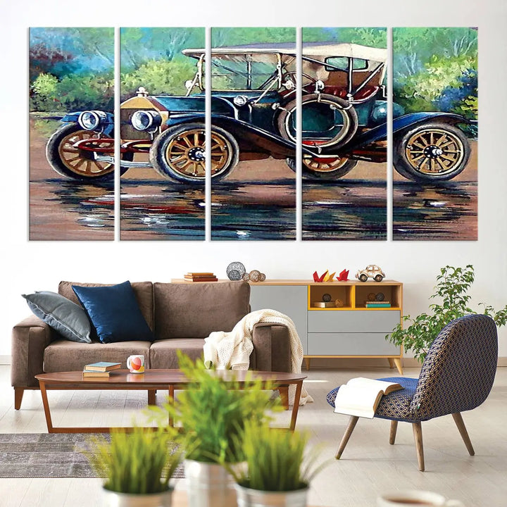 The "Wall Art Oil Paintings Old Retro Auto Car Canvas Print" features a triptych design showcasing a vintage car with a white roof on museum-quality canvas and UV-protective coating. It embodies an elegant yet timeless charm.