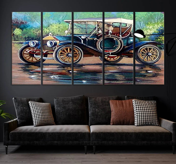 The "Wall Art Oil Paintings Old Retro Auto Car Canvas Print" features a triptych design showcasing a vintage car with a white roof on museum-quality canvas and UV-protective coating. It embodies an elegant yet timeless charm.