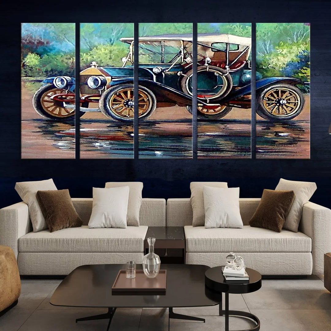 The "Wall Art Oil Paintings Old Retro Auto Car Canvas Print" features a triptych design showcasing a vintage car with a white roof on museum-quality canvas and UV-protective coating. It embodies an elegant yet timeless charm.