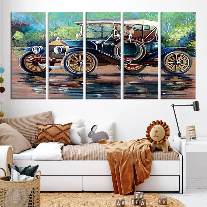 The "Wall Art Oil Paintings Old Retro Auto Car Canvas Print" features a triptych design showcasing a vintage car with a white roof on museum-quality canvas and UV-protective coating. It embodies an elegant yet timeless charm.