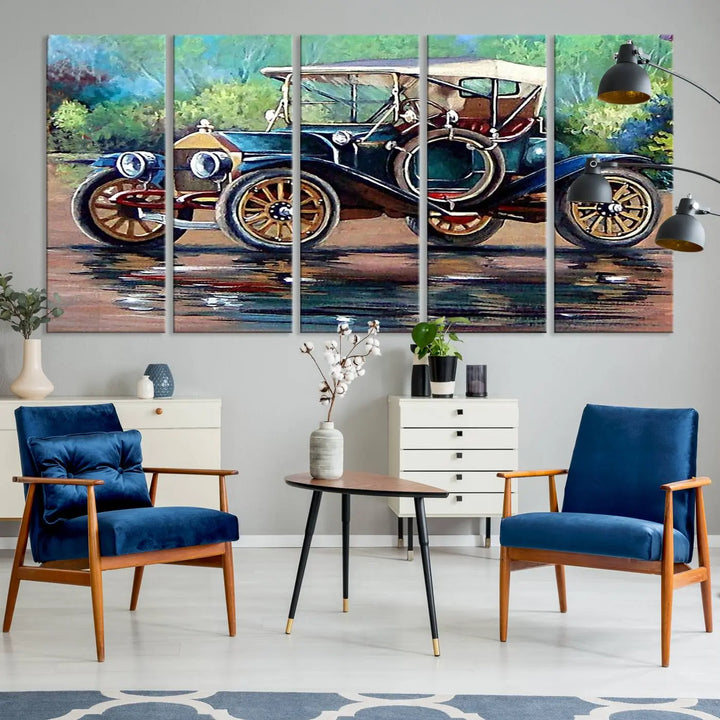 The "Wall Art Oil Paintings Old Retro Auto Car Canvas Print" features a triptych design showcasing a vintage car with a white roof on museum-quality canvas and UV-protective coating. It embodies an elegant yet timeless charm.