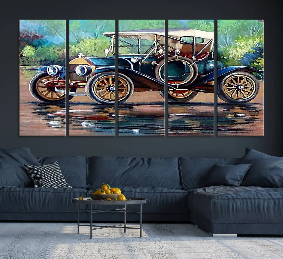 The "Wall Art Oil Paintings Old Retro Auto Car Canvas Print" features a triptych design showcasing a vintage car with a white roof on museum-quality canvas and UV-protective coating. It embodies an elegant yet timeless charm.