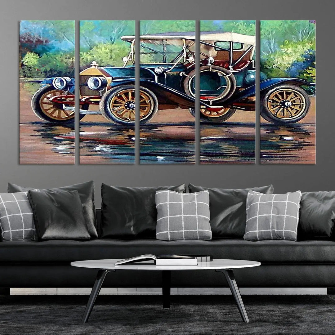 The "Wall Art Oil Paintings Old Retro Auto Car Canvas Print" features a triptych design showcasing a vintage car with a white roof on museum-quality canvas and UV-protective coating. It embodies an elegant yet timeless charm.