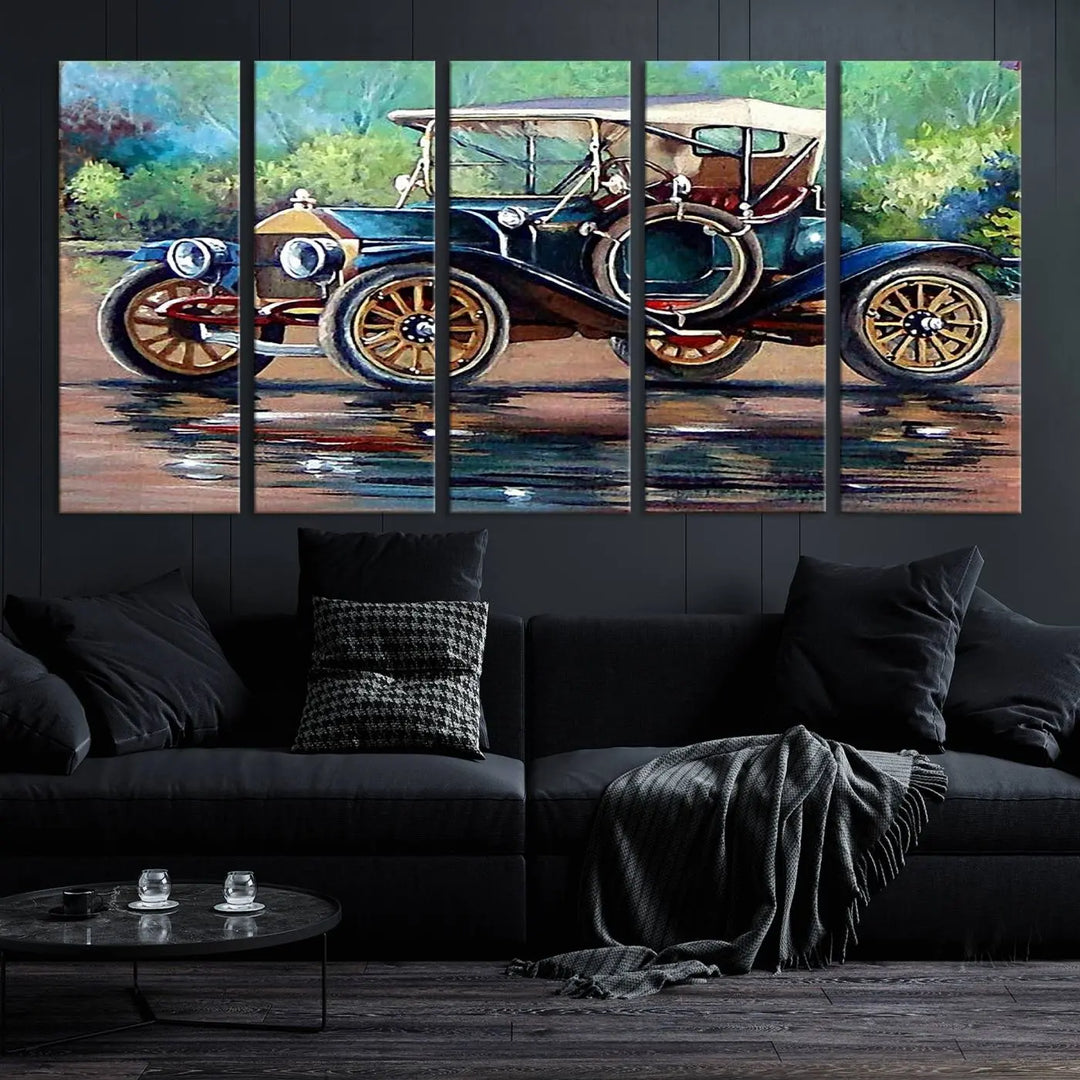 The "Wall Art Oil Paintings Old Retro Auto Car Canvas Print" features a triptych design showcasing a vintage car with a white roof on museum-quality canvas and UV-protective coating. It embodies an elegant yet timeless charm.