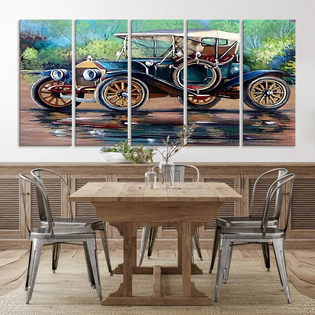 The "Wall Art Oil Paintings Old Retro Auto Car Canvas Print" features a triptych design showcasing a vintage car with a white roof on museum-quality canvas and UV-protective coating. It embodies an elegant yet timeless charm.