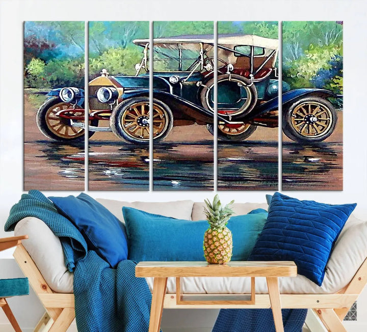 The "Wall Art Oil Paintings Old Retro Auto Car Canvas Print" features a triptych design showcasing a vintage car with a white roof on museum-quality canvas and UV-protective coating. It embodies an elegant yet timeless charm.