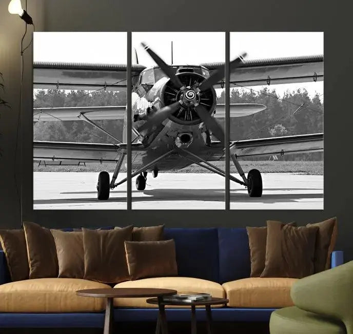 The "Wall Art Old War Planet Canvas Print" portrays a vintage airplane propeller. It is crafted on museum-quality canvas with a UV-protective coating.