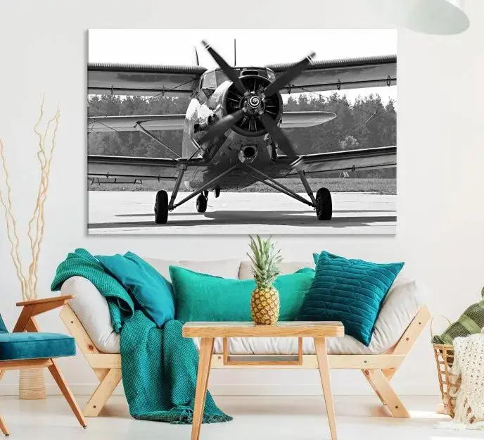 The "Wall Art Old War Planet Canvas Print" portrays a vintage airplane propeller. It is crafted on museum-quality canvas with a UV-protective coating.