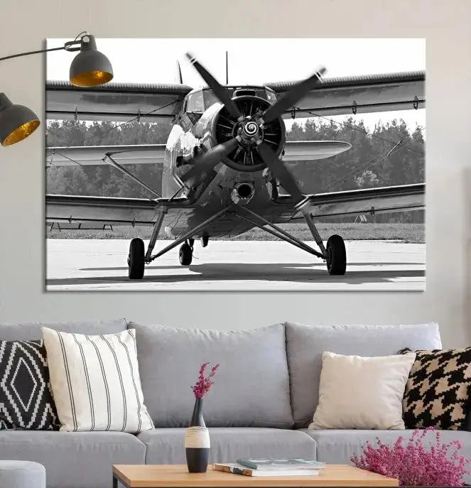 The "Wall Art Old War Planet Canvas Print" portrays a vintage airplane propeller. It is crafted on museum-quality canvas with a UV-protective coating.