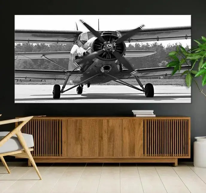 The "Wall Art Old War Planet Canvas Print" portrays a vintage airplane propeller. It is crafted on museum-quality canvas with a UV-protective coating.