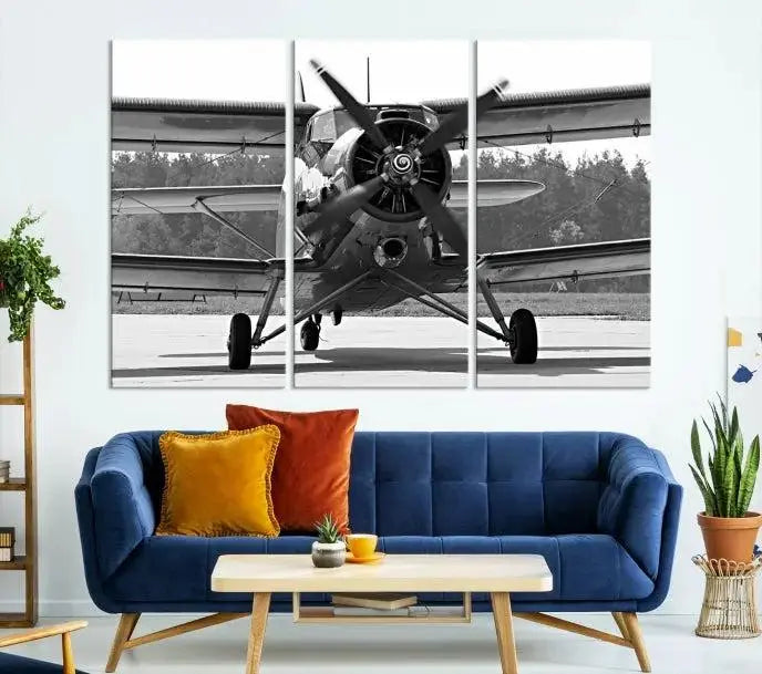 The "Wall Art Old War Planet Canvas Print" portrays a vintage airplane propeller. It is crafted on museum-quality canvas with a UV-protective coating.