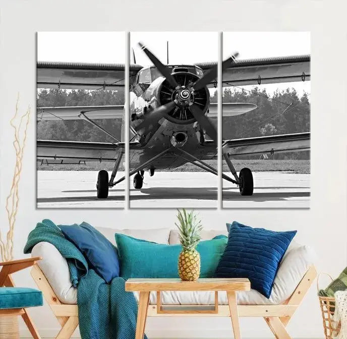 The "Wall Art Old War Planet Canvas Print" portrays a vintage airplane propeller. It is crafted on museum-quality canvas with a UV-protective coating.