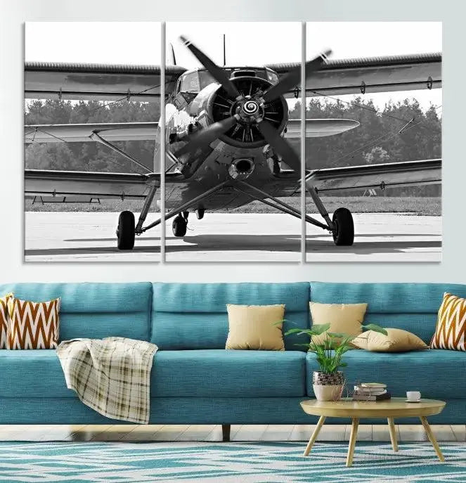 The "Wall Art Old War Planet Canvas Print" portrays a vintage airplane propeller. It is crafted on museum-quality canvas with a UV-protective coating.