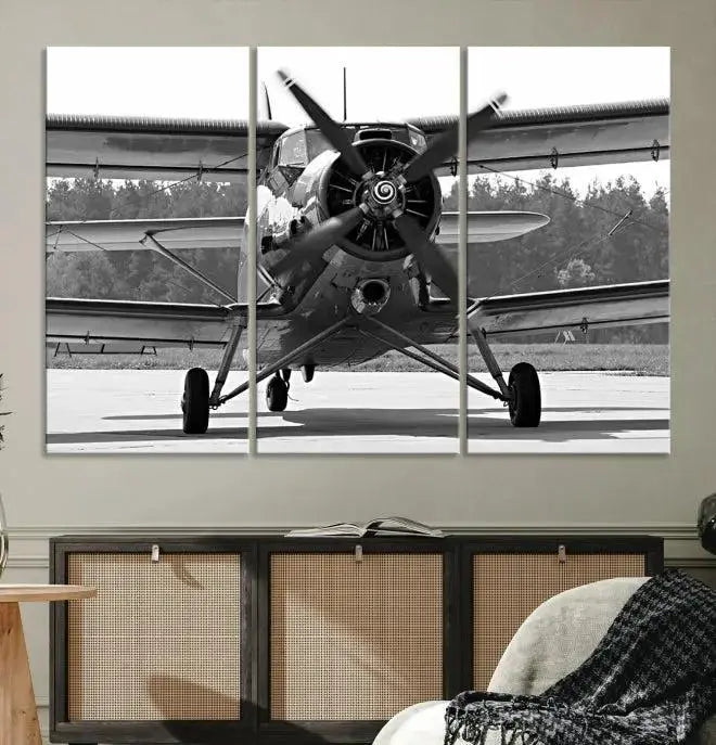 The "Wall Art Old War Planet Canvas Print" portrays a vintage airplane propeller. It is crafted on museum-quality canvas with a UV-protective coating.