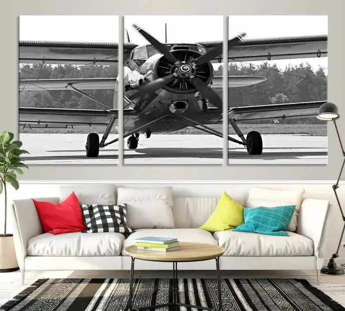 The "Wall Art Old War Planet Canvas Print" portrays a vintage airplane propeller. It is crafted on museum-quality canvas with a UV-protective coating.