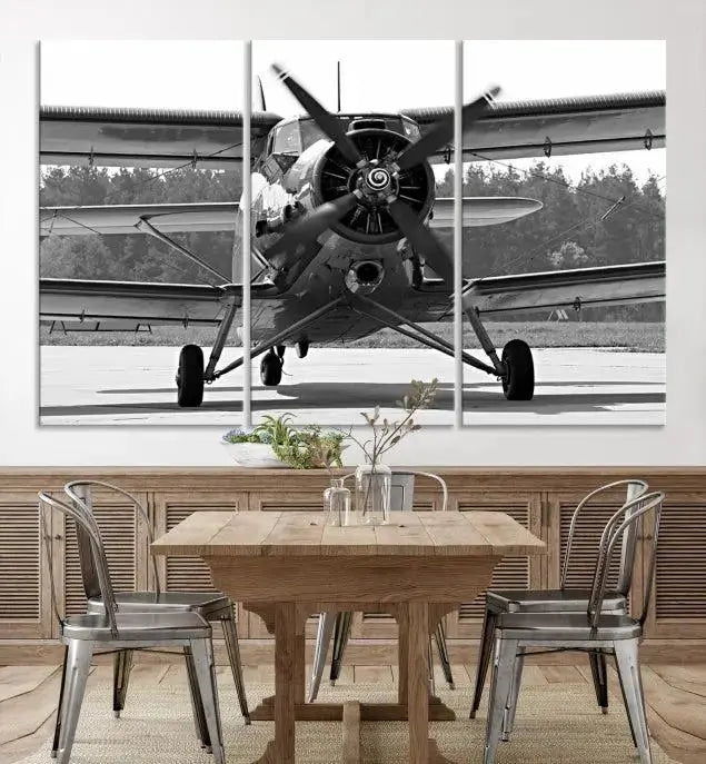 The "Wall Art Old War Planet Canvas Print" portrays a vintage airplane propeller. It is crafted on museum-quality canvas with a UV-protective coating.