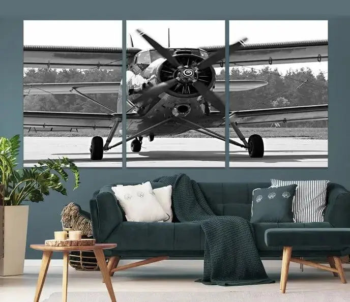 The "Wall Art Old War Planet Canvas Print" portrays a vintage airplane propeller. It is crafted on museum-quality canvas with a UV-protective coating.