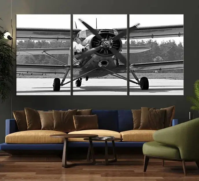 The "Wall Art Old War Planet Canvas Print" portrays a vintage airplane propeller. It is crafted on museum-quality canvas with a UV-protective coating.