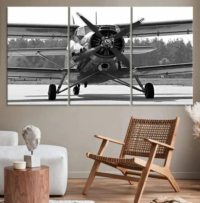 The "Wall Art Old War Planet Canvas Print" portrays a vintage airplane propeller. It is crafted on museum-quality canvas with a UV-protective coating.