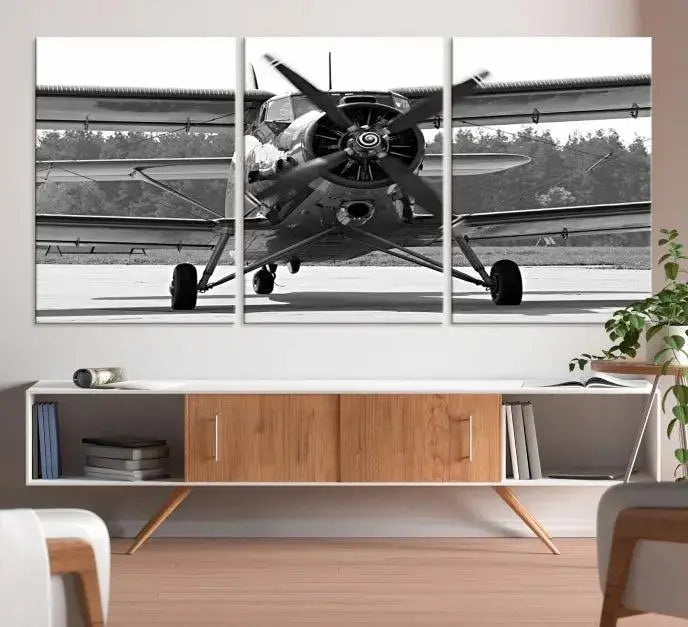 The "Wall Art Old War Planet Canvas Print" portrays a vintage airplane propeller. It is crafted on museum-quality canvas with a UV-protective coating.