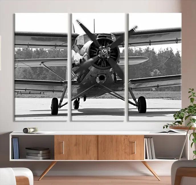 The "Wall Art Old War Planet Canvas Print" portrays a vintage airplane propeller. It is crafted on museum-quality canvas with a UV-protective coating.