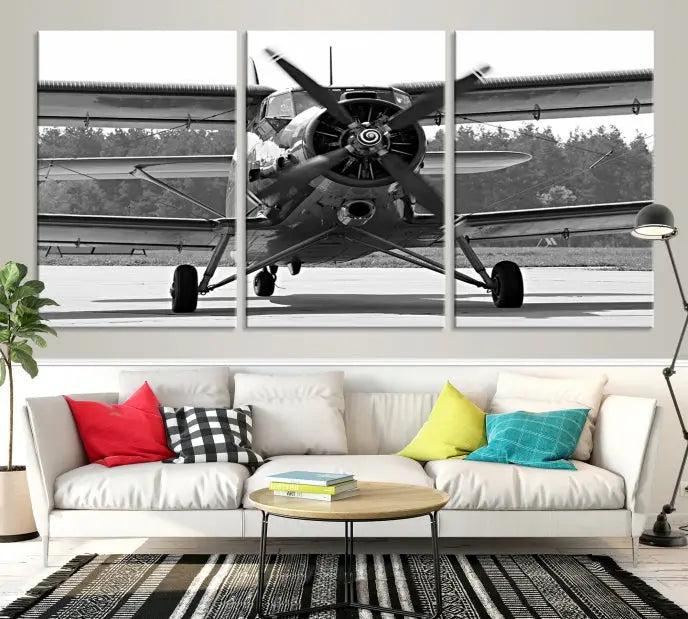 The "Wall Art Old War Planet Canvas Print" portrays a vintage airplane propeller. It is crafted on museum-quality canvas with a UV-protective coating.