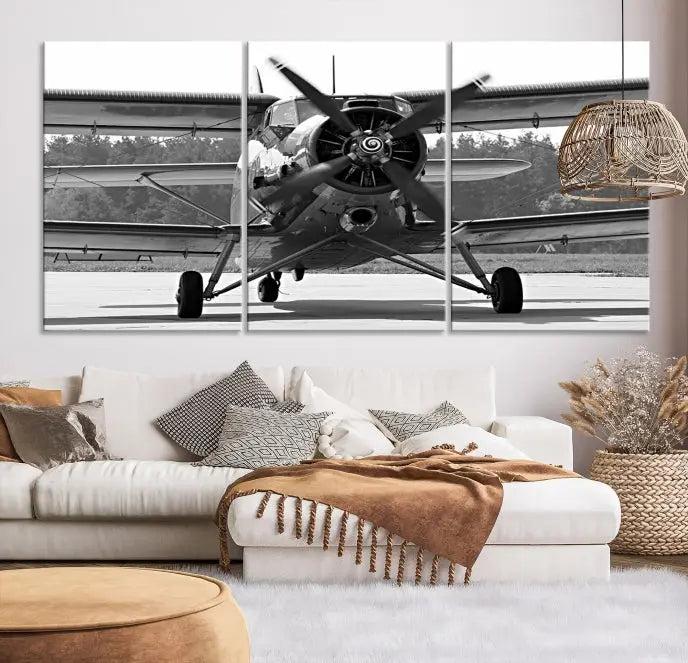 The "Wall Art Old War Planet Canvas Print" portrays a vintage airplane propeller. It is crafted on museum-quality canvas with a UV-protective coating.