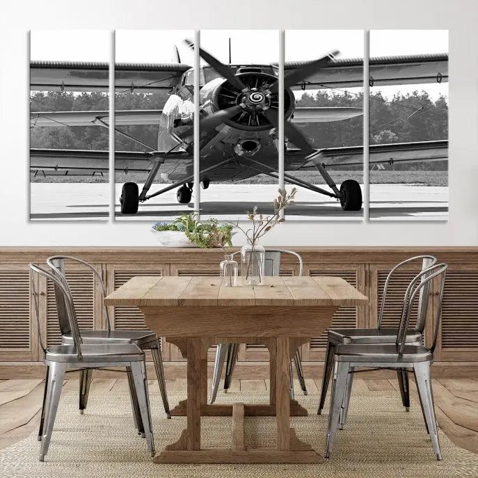 The "Wall Art Old War Planet Canvas Print" portrays a vintage airplane propeller. It is crafted on museum-quality canvas with a UV-protective coating.