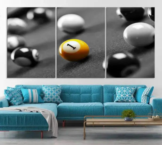 The Wall Art Pool Table and Balls Canvas Print features a triptych design with vibrant billiard balls, highlighting the yellow number 1 ball. This captivating piece is handmade in the USA on museum-quality canvas, offering an exquisite enhancement to your space. It comes with free shipping for your convenience.