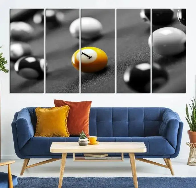 The Wall Art Pool Table and Balls Canvas Print features a triptych design with vibrant billiard balls, highlighting the yellow number 1 ball. This captivating piece is handmade in the USA on museum-quality canvas, offering an exquisite enhancement to your space. It comes with free shipping for your convenience.