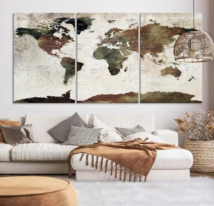 Display the "World Map Push Pin Canvas Print," crafted on museum-quality canvas with a UV-protective coating, in this stylish living room setting.