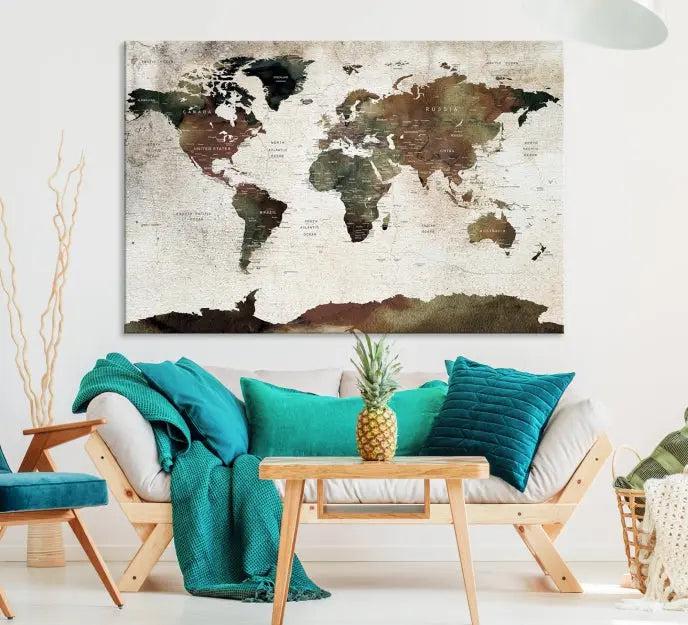 Display the "World Map Push Pin Canvas Print," crafted on museum-quality canvas with a UV-protective coating, in this stylish living room setting.