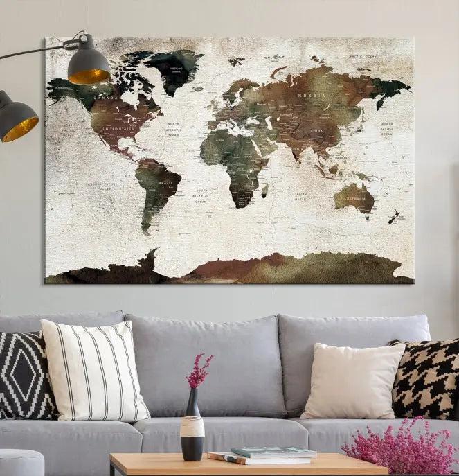 Display the "World Map Push Pin Canvas Print," crafted on museum-quality canvas with a UV-protective coating, in this stylish living room setting.