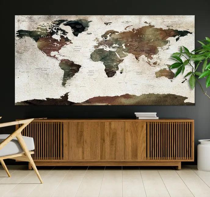 Display the "World Map Push Pin Canvas Print," crafted on museum-quality canvas with a UV-protective coating, in this stylish living room setting.