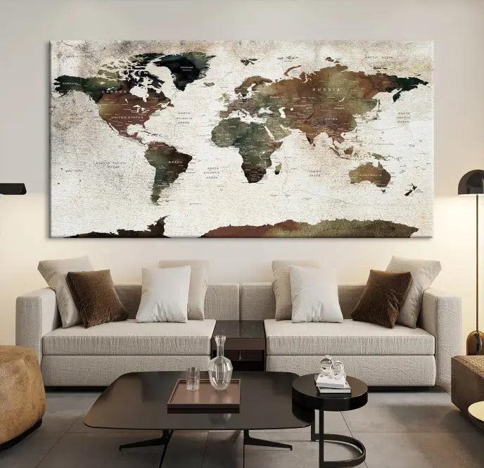 Display the "World Map Push Pin Canvas Print," crafted on museum-quality canvas with a UV-protective coating, in this stylish living room setting.