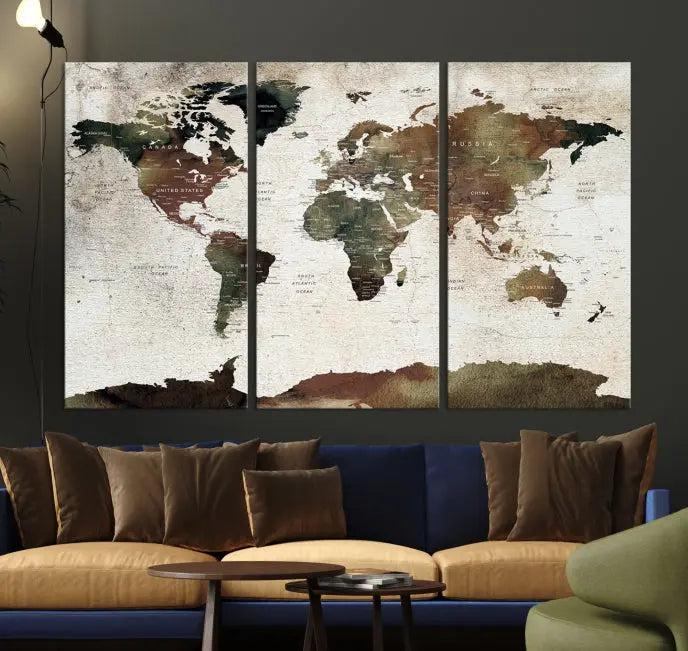 Display the "World Map Push Pin Canvas Print," crafted on museum-quality canvas with a UV-protective coating, in this stylish living room setting.