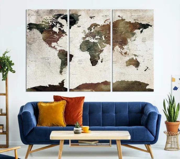 Display the "World Map Push Pin Canvas Print," crafted on museum-quality canvas with a UV-protective coating, in this stylish living room setting.